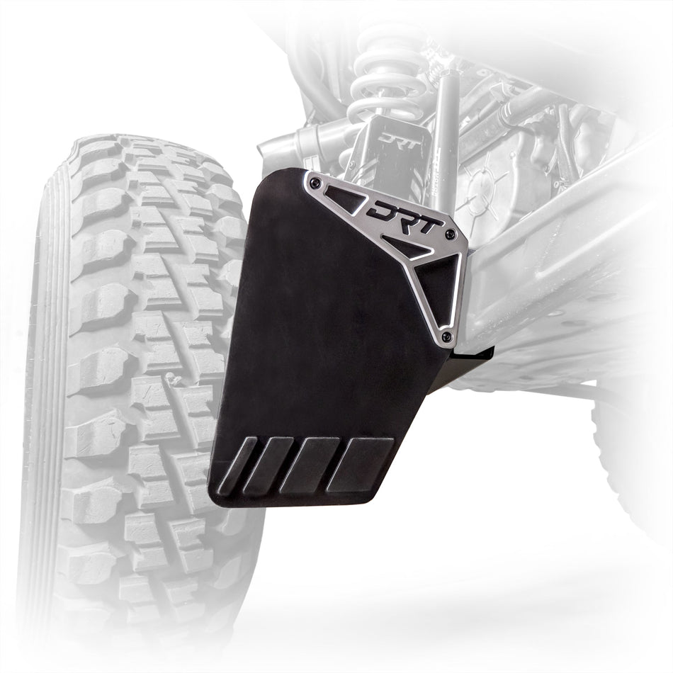Polaris RZR Pro XP billet aluminum rock guard installed view rear suspension