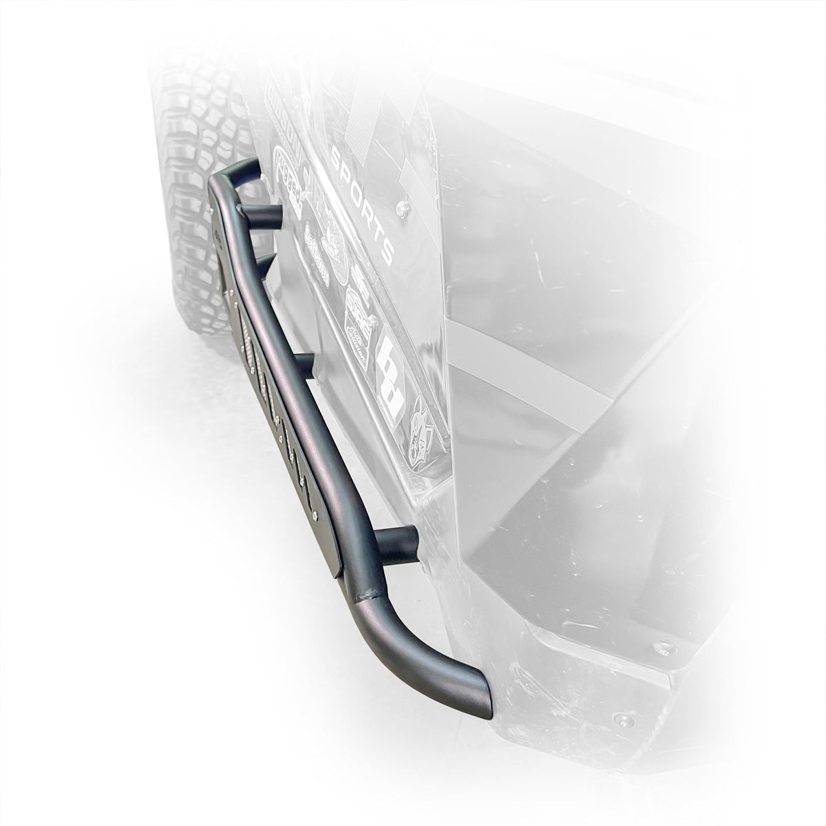 Top view of black DRT rock rail installed on Can‑Am Maverick X3 2‑door