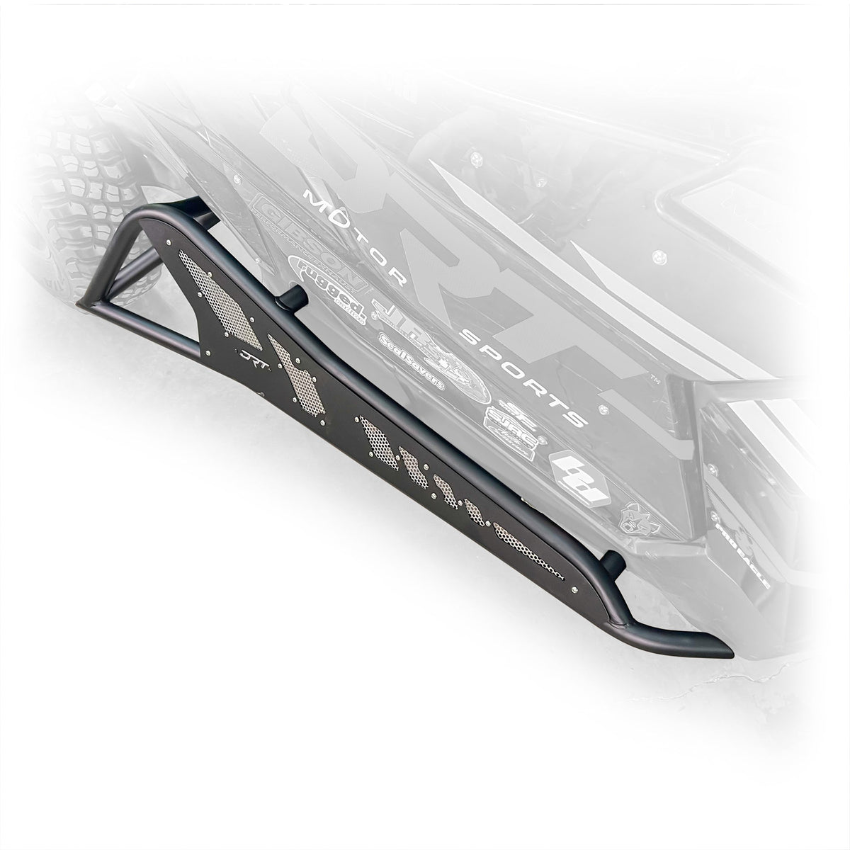 Angled view showing sleek black powder coat finish on tree kicker
