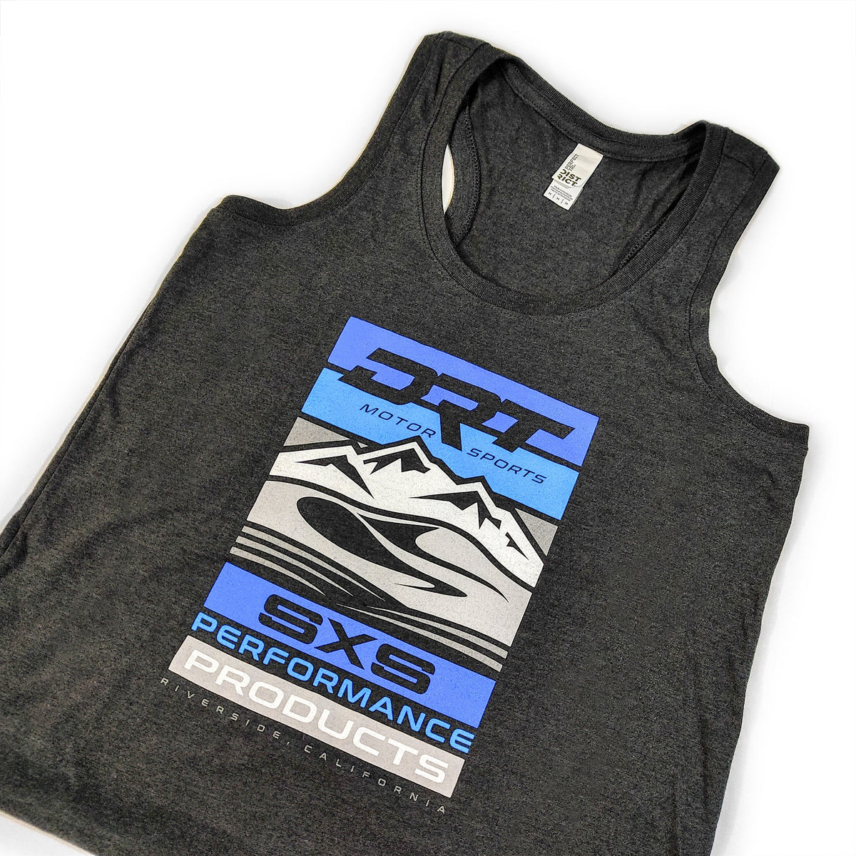 Close-up of neckline and stitching on a classic motorsport women's tank