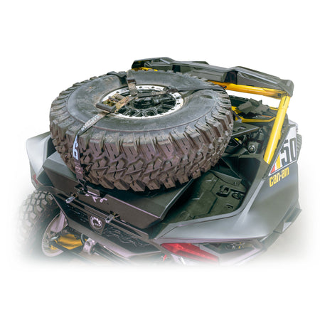 Installed Maverick R tire carrier rack, supports spare and gear for overlanding