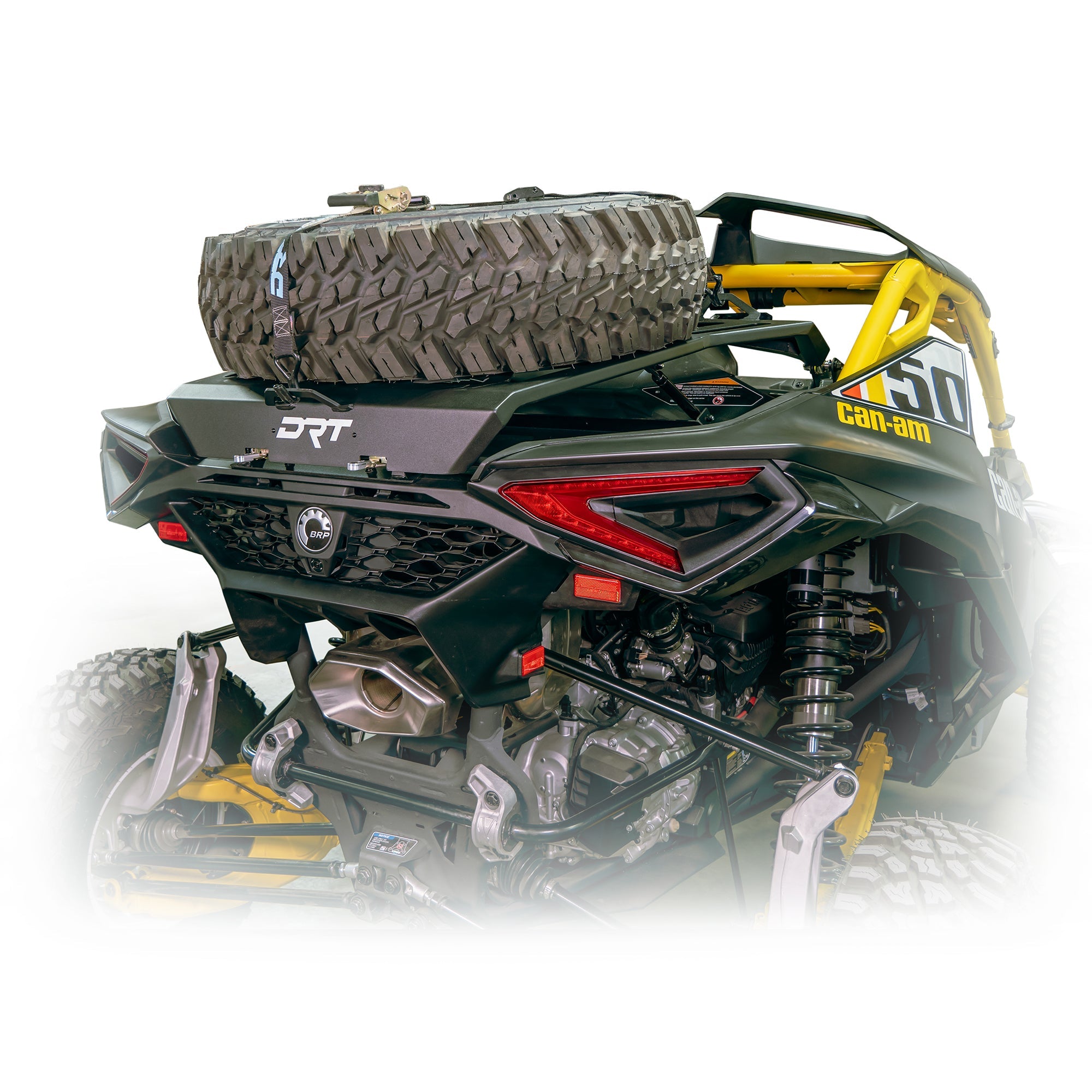 Adventure rack with boxed frame style tire carrier for Maverick R offroad use